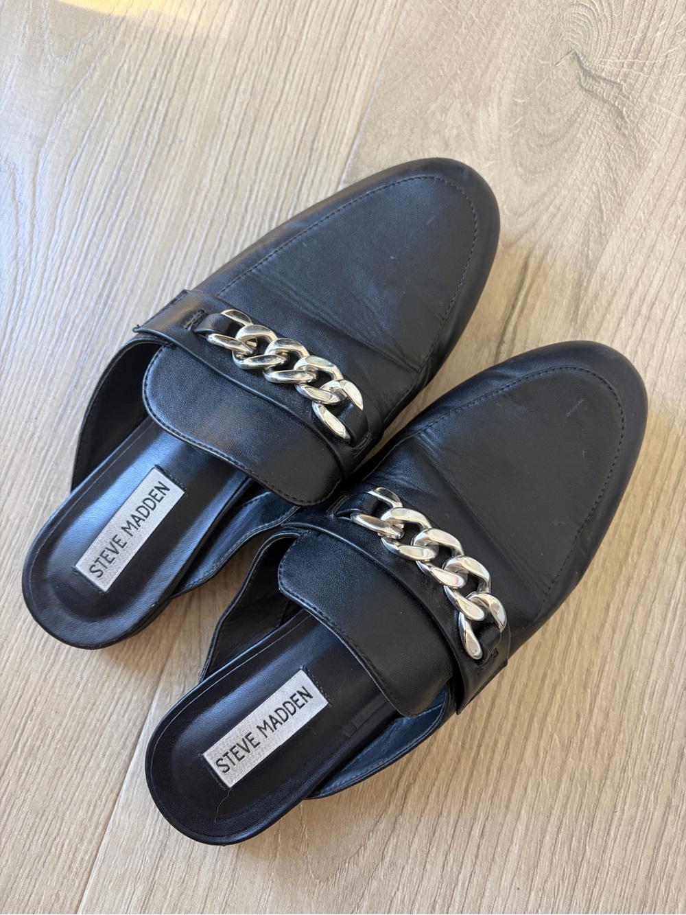 Steve Madden Black Leather Mules with Silver Chain Accent